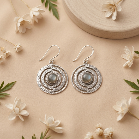 Celestial Moonstone Filigree Silver Drop Earrings