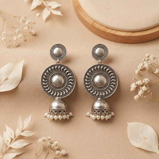 Vintage Oxidized Silver Pearl Jhumka Earrings