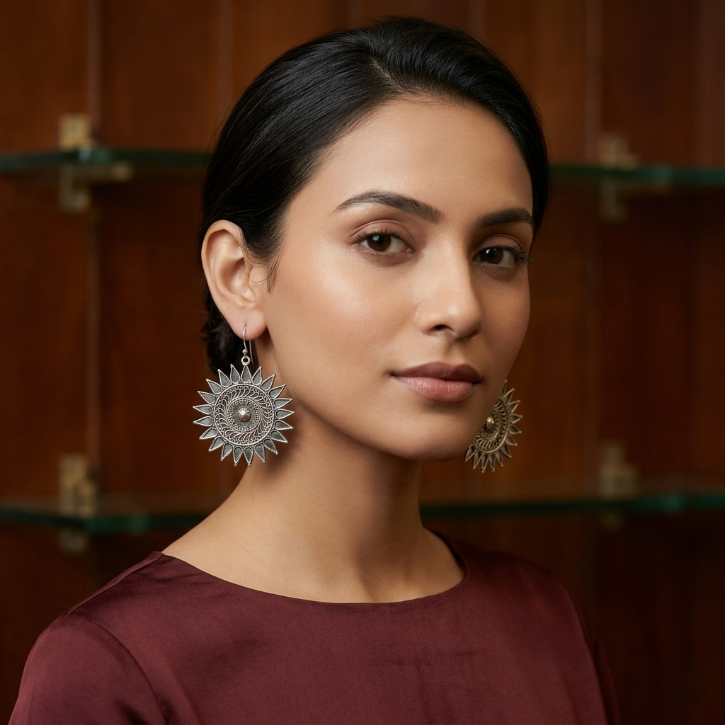 Celestial Sunburst Oxidized Silver Drop Earrings