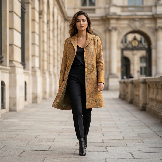 Ornate Paisley Elegance in Golden Ochre Long Coat