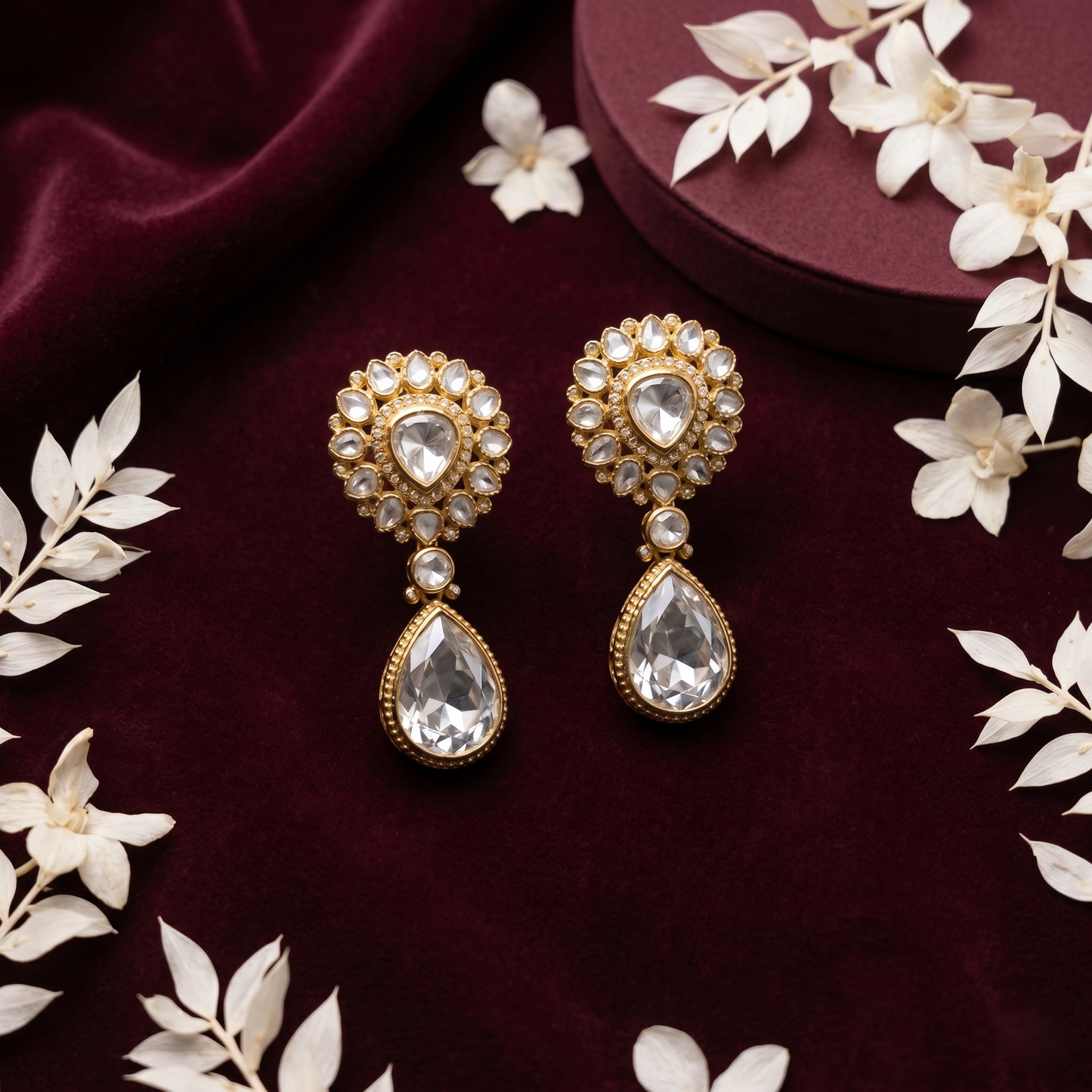 Gold Plated Silver Polki Drop Earrings