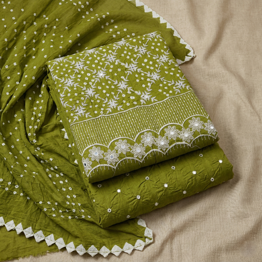 Olive Bandhani Embroidered Unstitched Suit Set