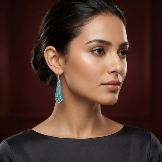 Turquoise Leaf Motif Silver Drop Earrings