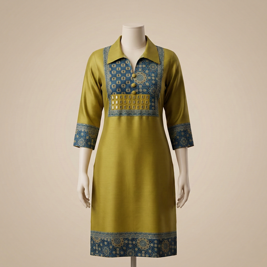 Golden Mustard Kurti with Indigo Accents