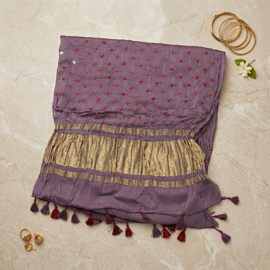 Mauve Chanderi Dupatta with Gold Borders