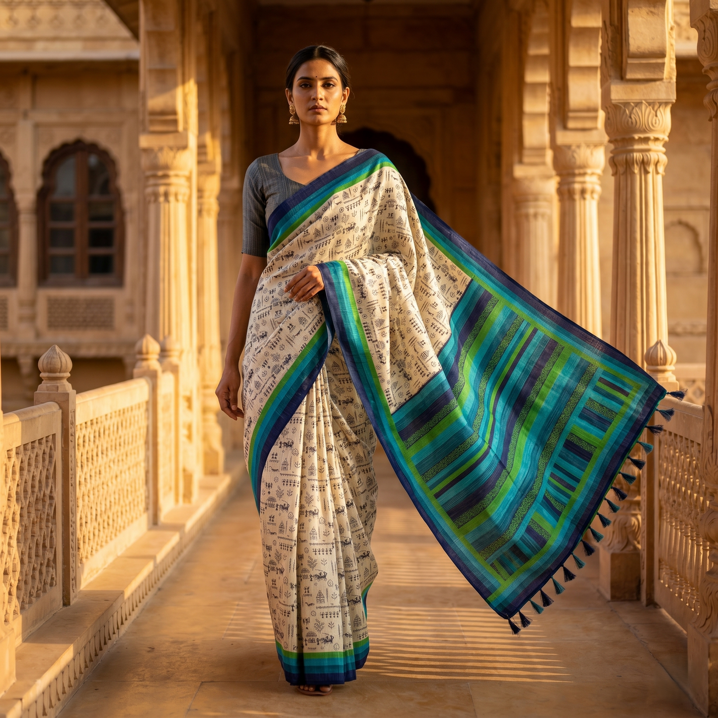 Contemporary Warli Print Tussar Silk Saree