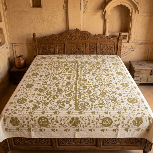 Ivory Sage Floral Embroidered Luxury Bedcover