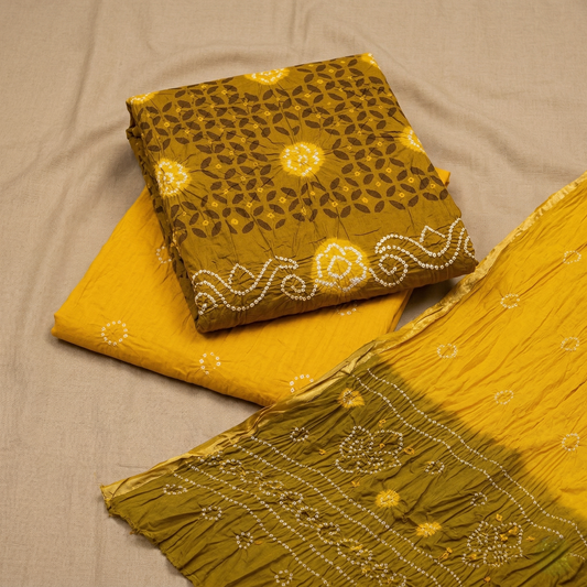 Mustard Bandhani Unstitched Cotton Suit
