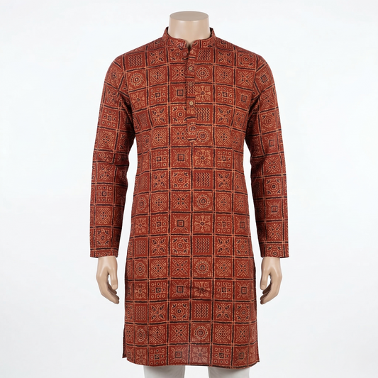 Earthy Ajrakh Print Men’s Silk Kurta