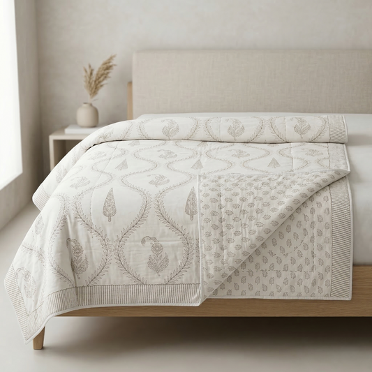 Elegant Neutral Lattice Hand Block Print Quilt