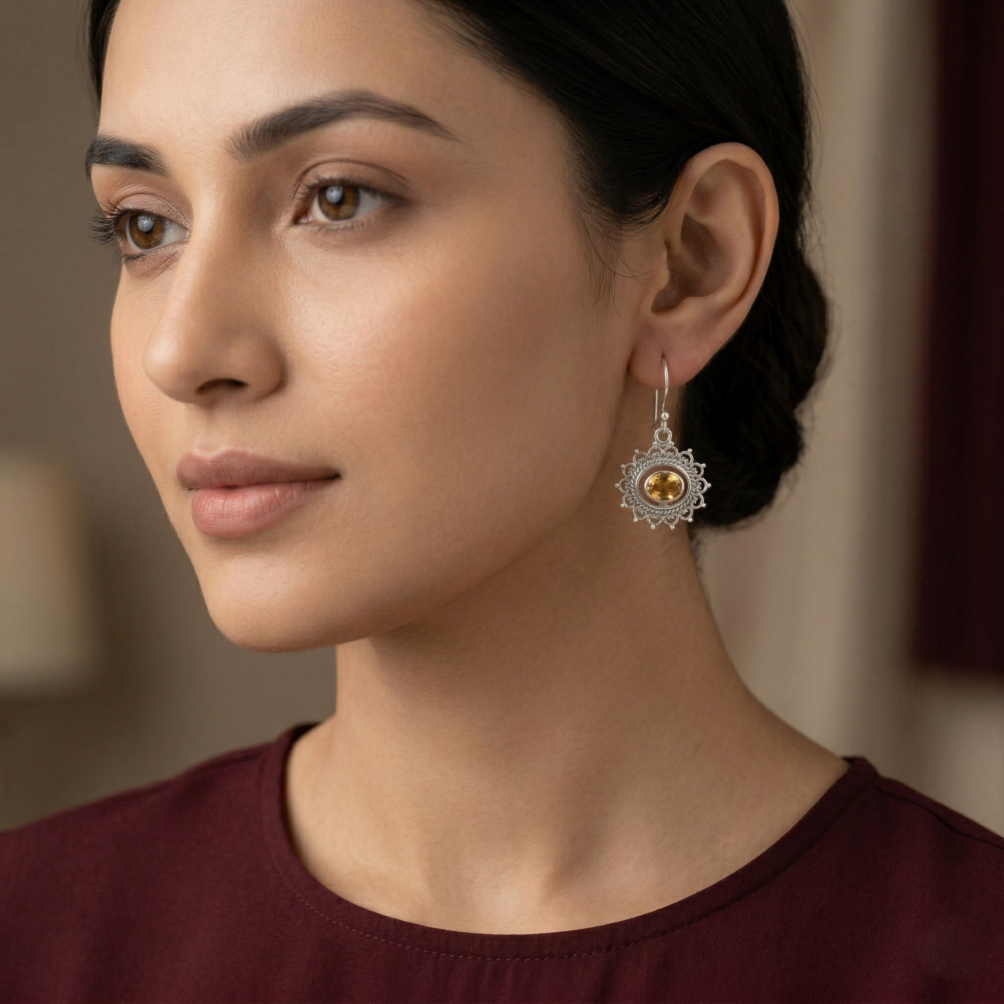 Radiant Citrine Silver Sunburst Drop Earrings