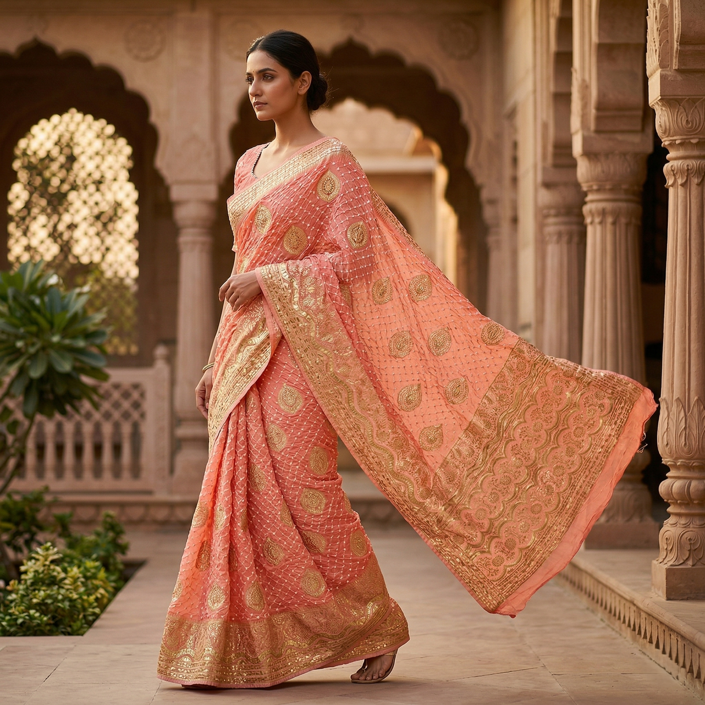 Peach Bandhani Saree with Gold Zari