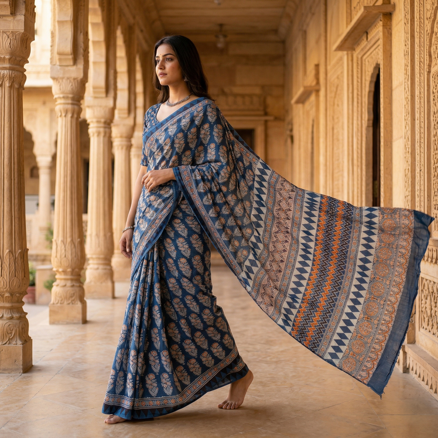 Indigo Hand Blocked Ajrakh Cotton Saree