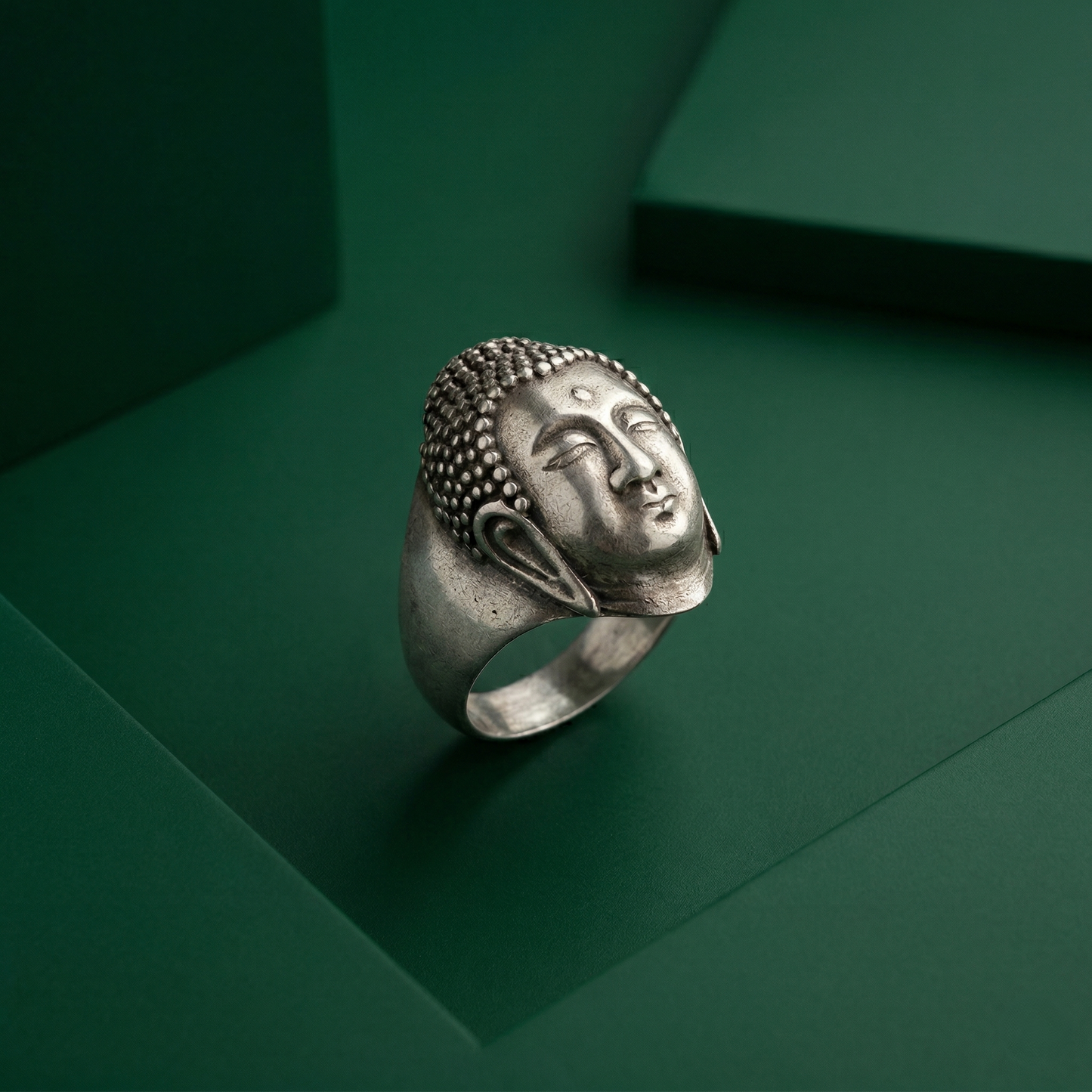 Serene Silver Buddha Head Statement Ring