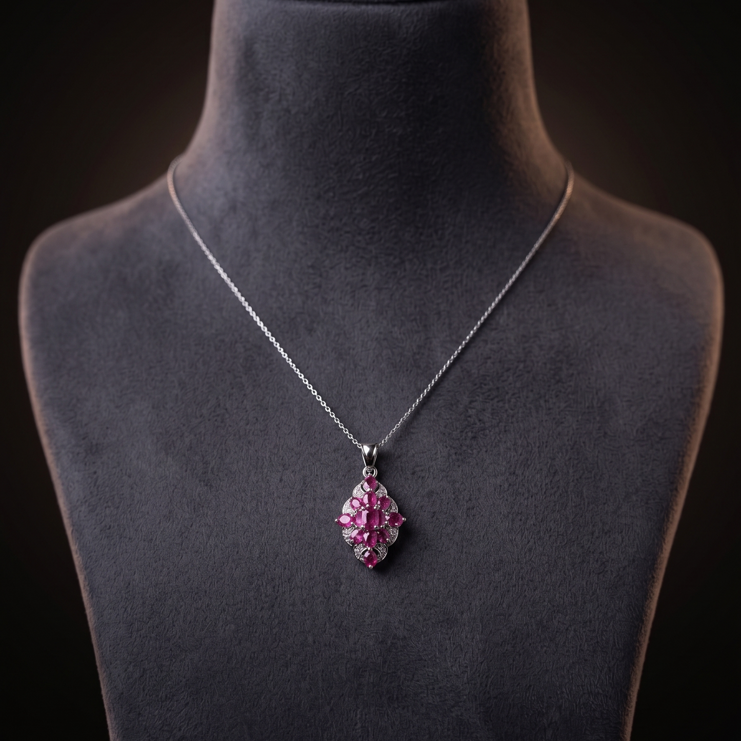 Elegant Rhombus Ruby Silver Cluster Pendant