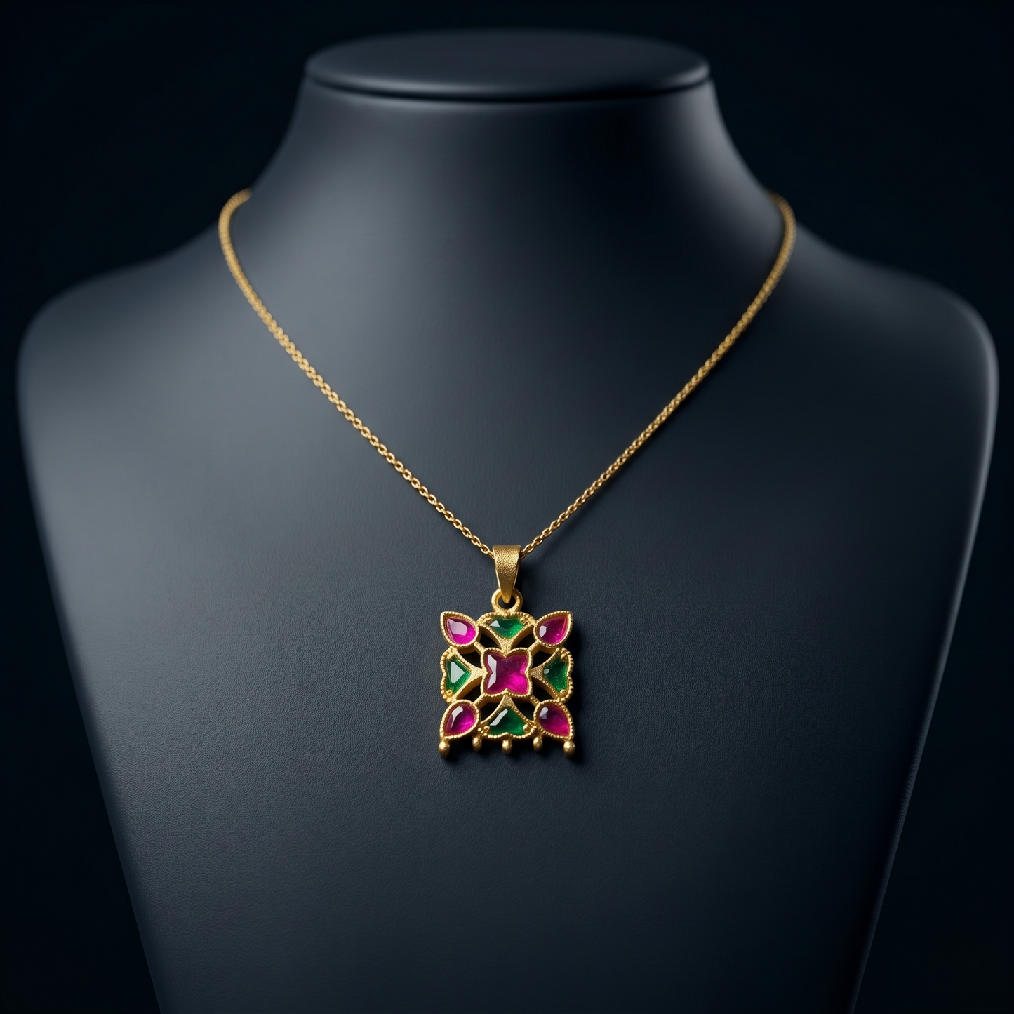 Handcrafted Floral Silver Ruby Emerald Pendant