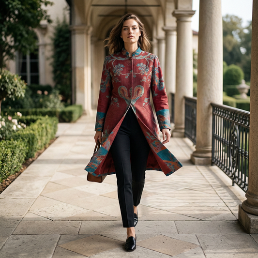 Ethereal Crimson Mandala Silk Mandarin Long Coat