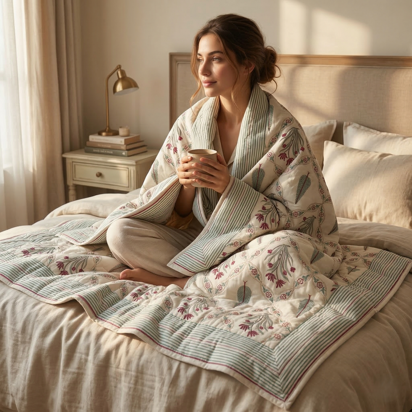 Elegant Sage Floral Lattice Cotton Quilt