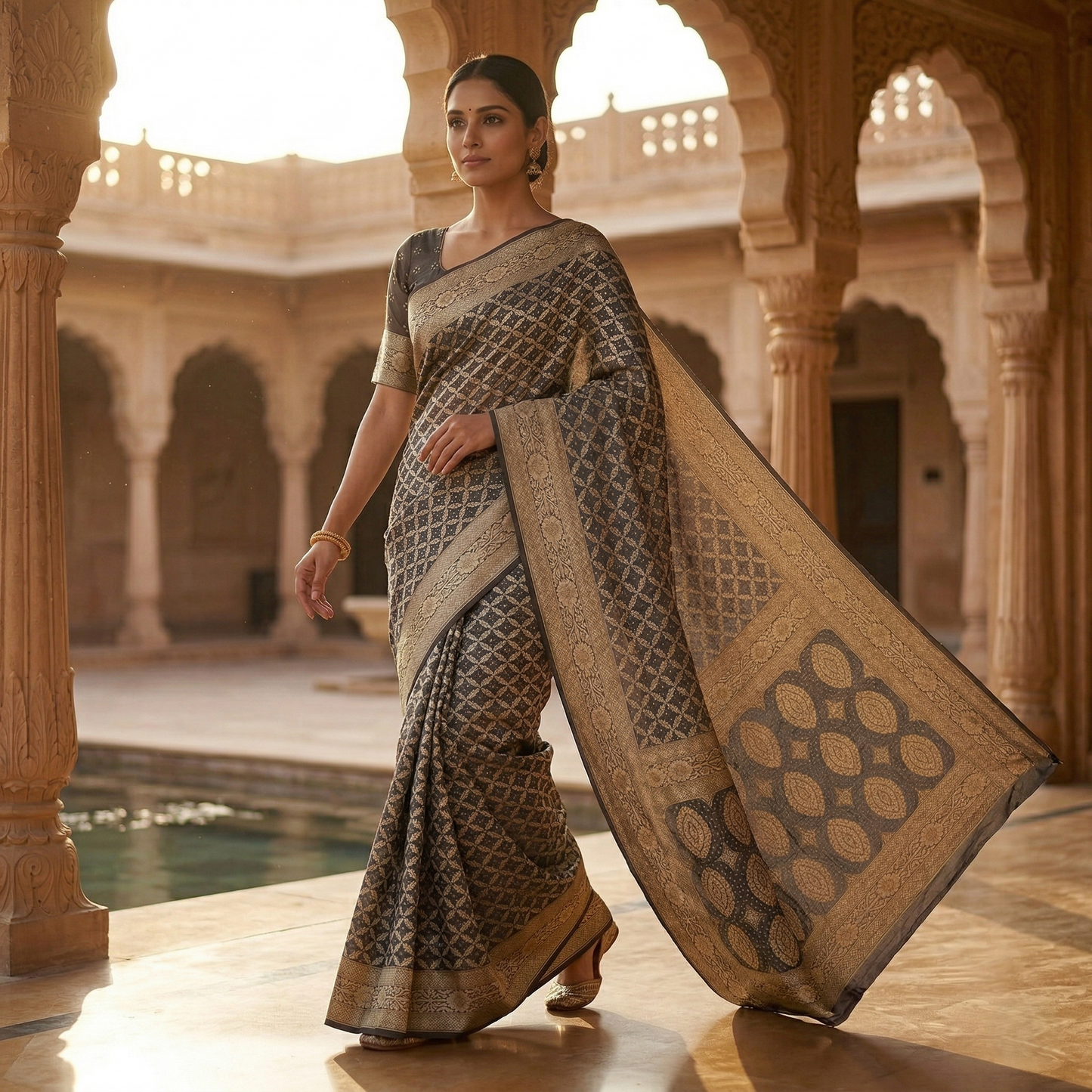Elegant Charcoal Banarasi Silk Brocade Saree