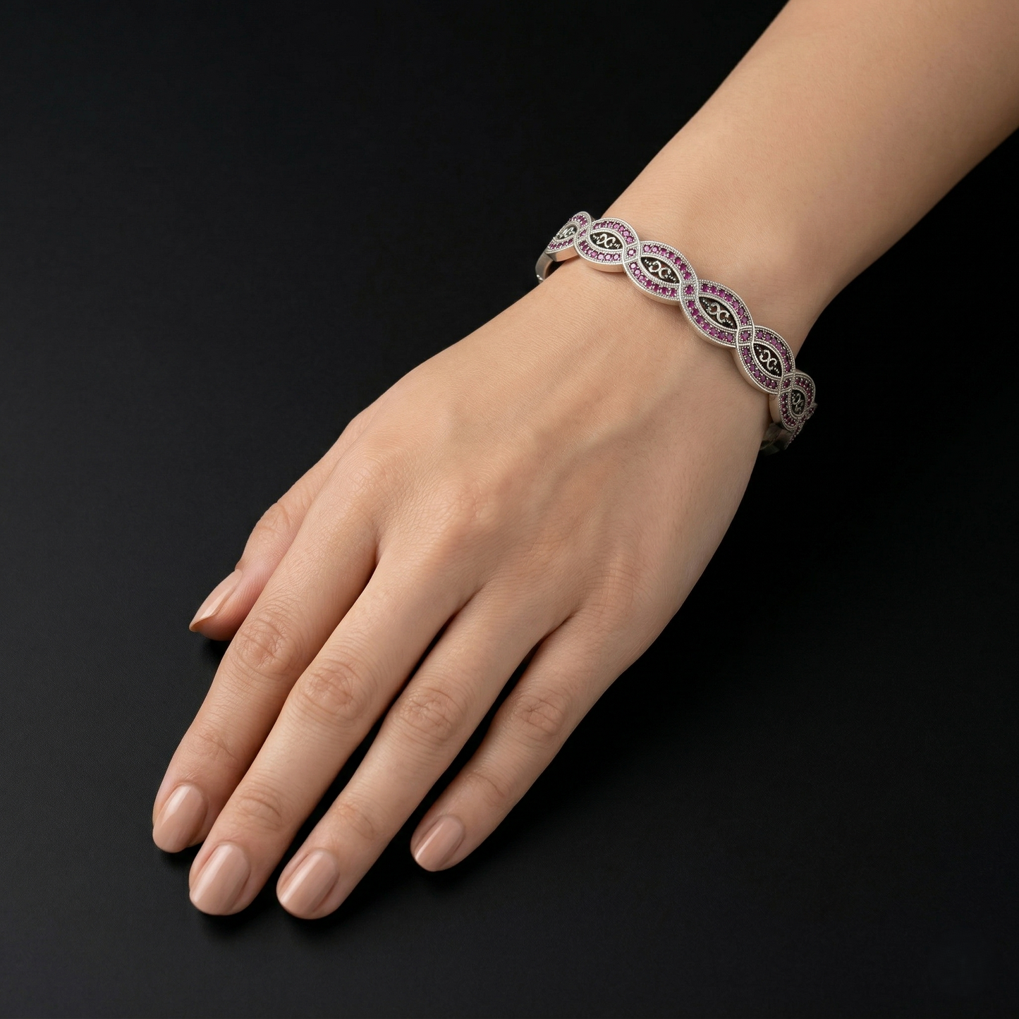 Intricate Silver Ruby-Encrusted Infinity Kada