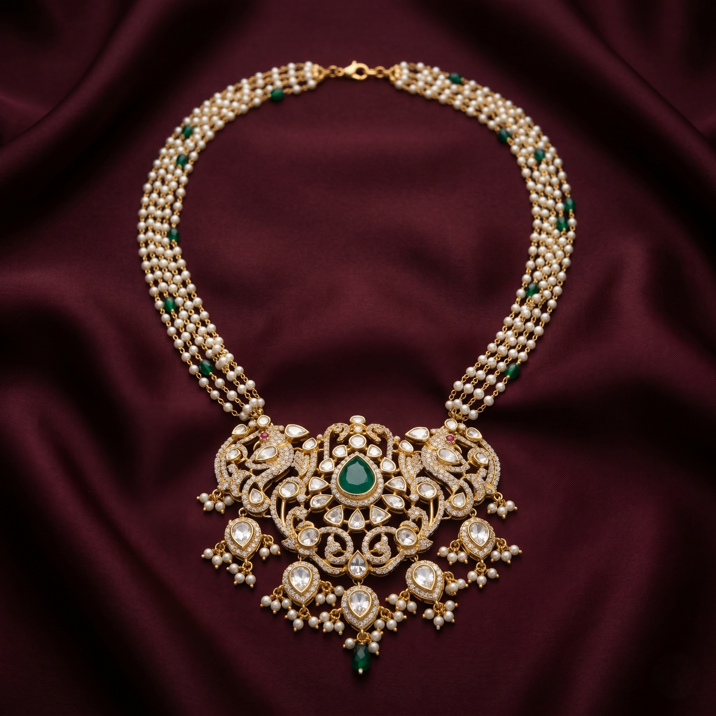 Ornate Emerald and Pearl Statement Necklace
