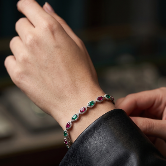 Elegant Ruby and Emerald Silver Bracelet