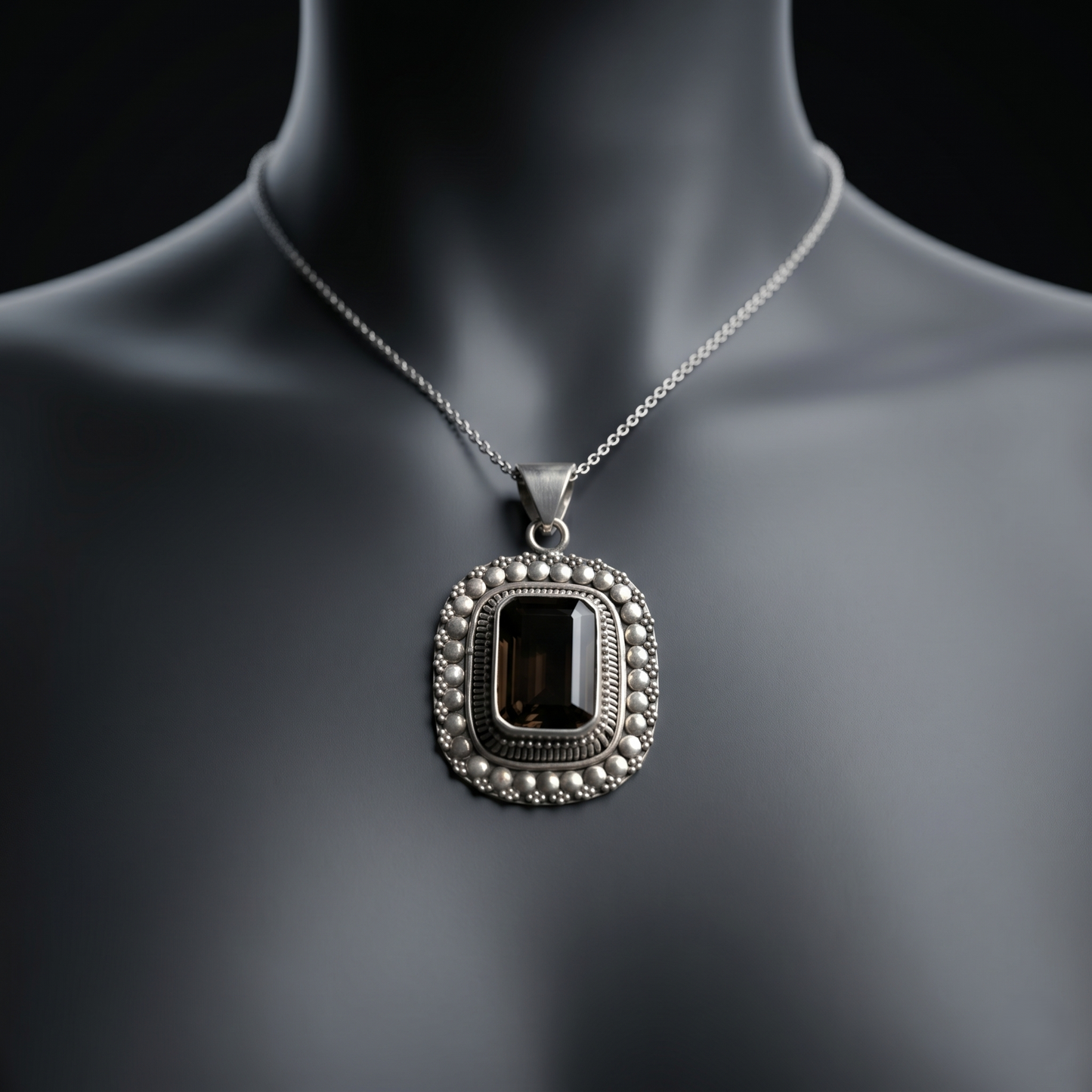 Vintage Rectangular Smokey Quartz Silver Pendant