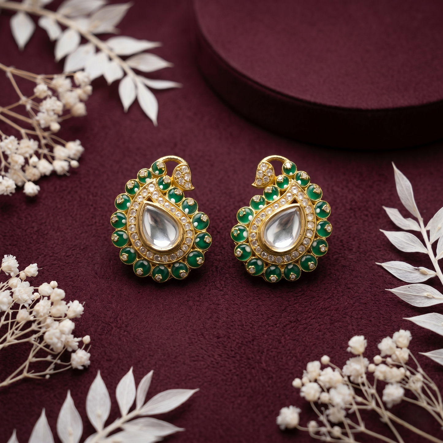 Emerald Paisley Gold Plated Silver Earrings