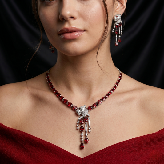 Panther Garnet Cascading Silver Jewelry Set