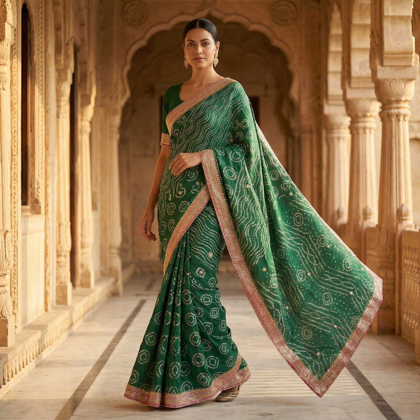 Emerald Bandhani Saree with Gota Border