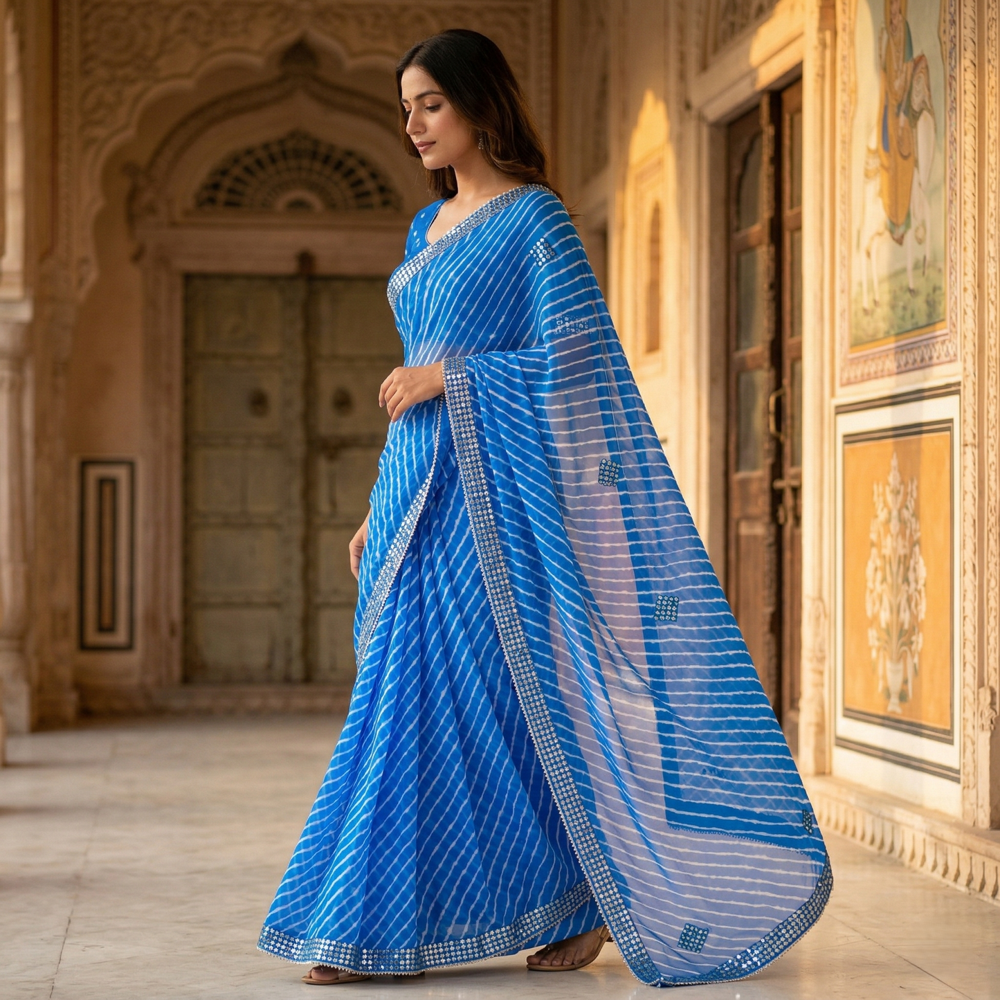 Elegant Blue Leheria Saree with Mirror Work