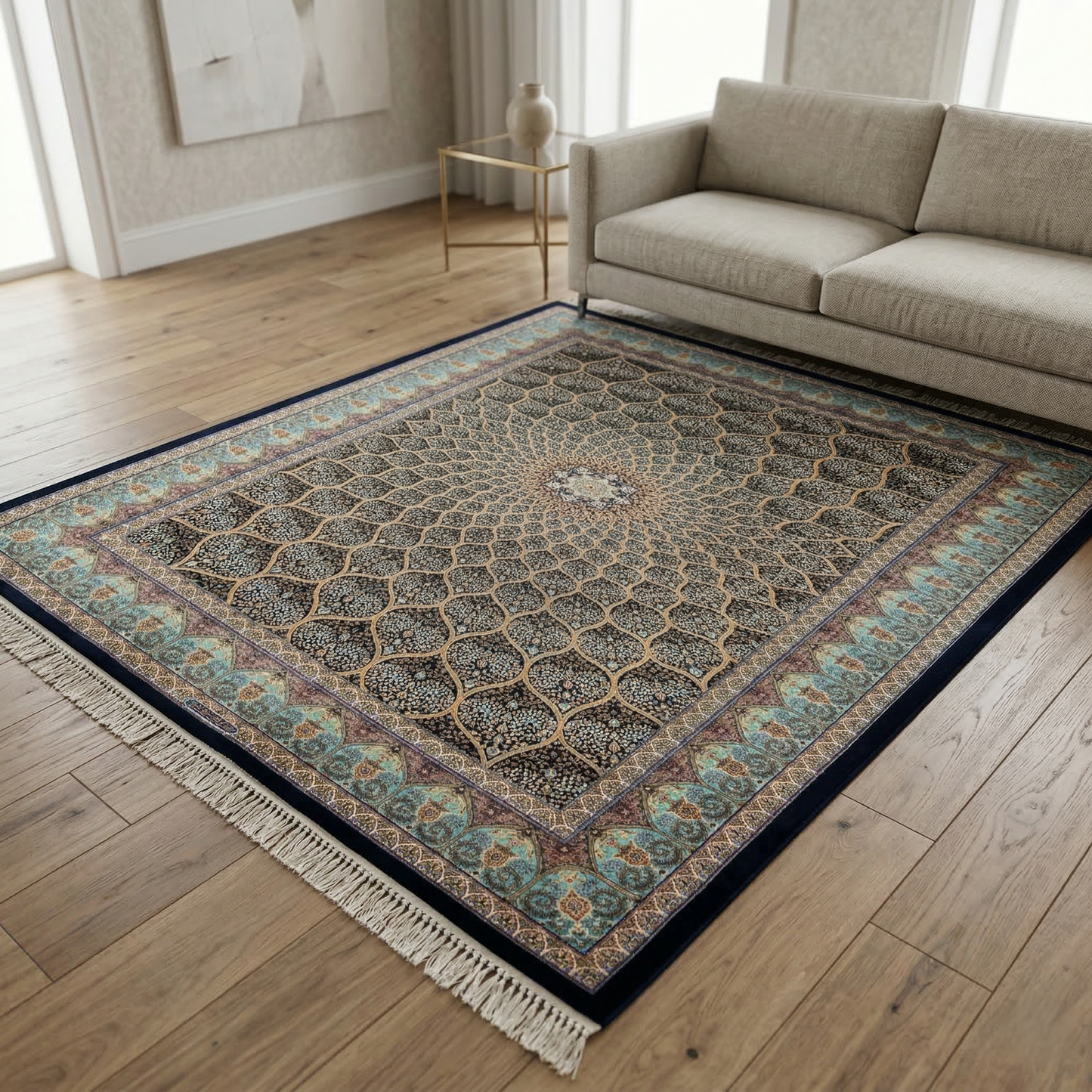 Traditional Intricate Teal Medallion Silk Rug