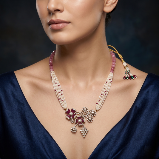 Floral Pearl and Rose Quartz Necklace