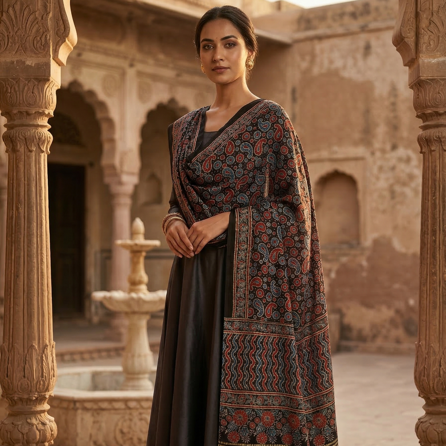 Hand-Block Ajrakh Print Silk Blend Dupatta