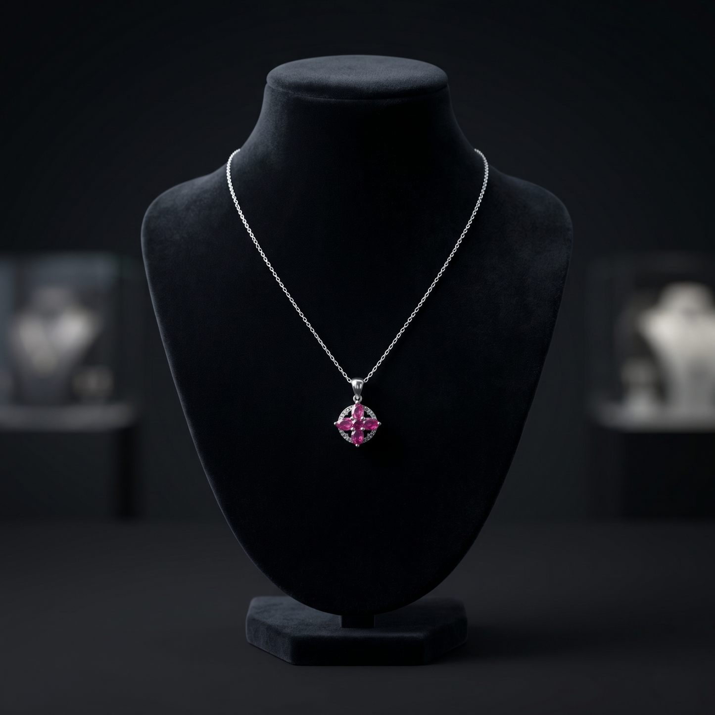 Elegant Sterling Silver Floral Ruby Pendant