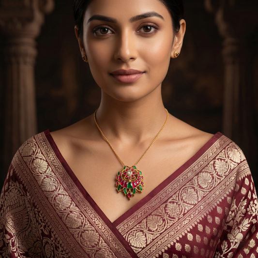 Exquisite Gold-Plated Silver Kundan Floral Pendant