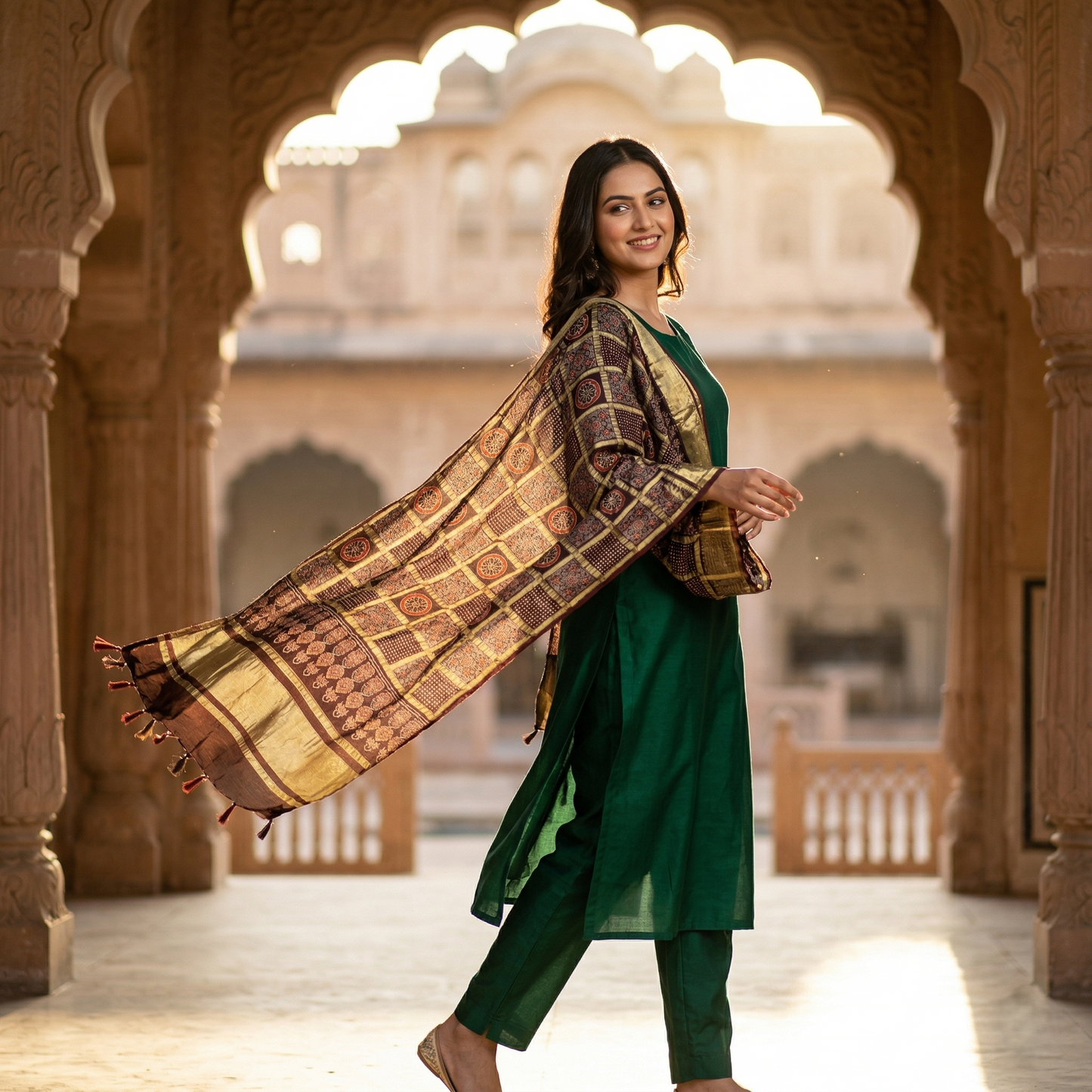 Maroon Silk Ajrakh Print Heritage Dupatta