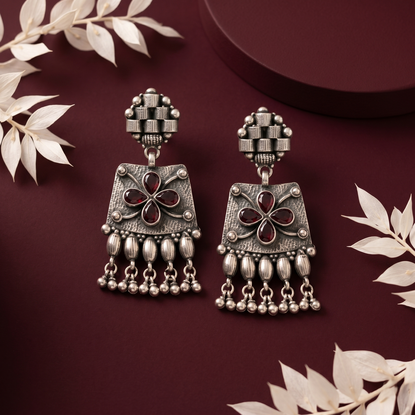 Handcrafted Oxidized Silver Floral Drop Earrings