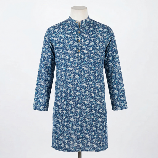 Indigo Floral Print Cotton Men's Kurta