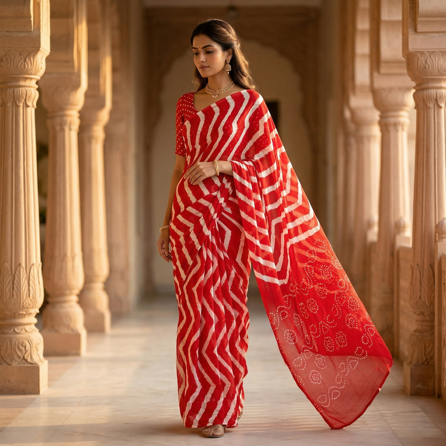 Red Leheriya Saree with Bandhani Pallu