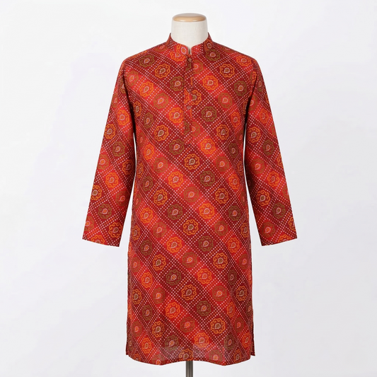 Vibrant Red Bandhani Print Men's Kurta