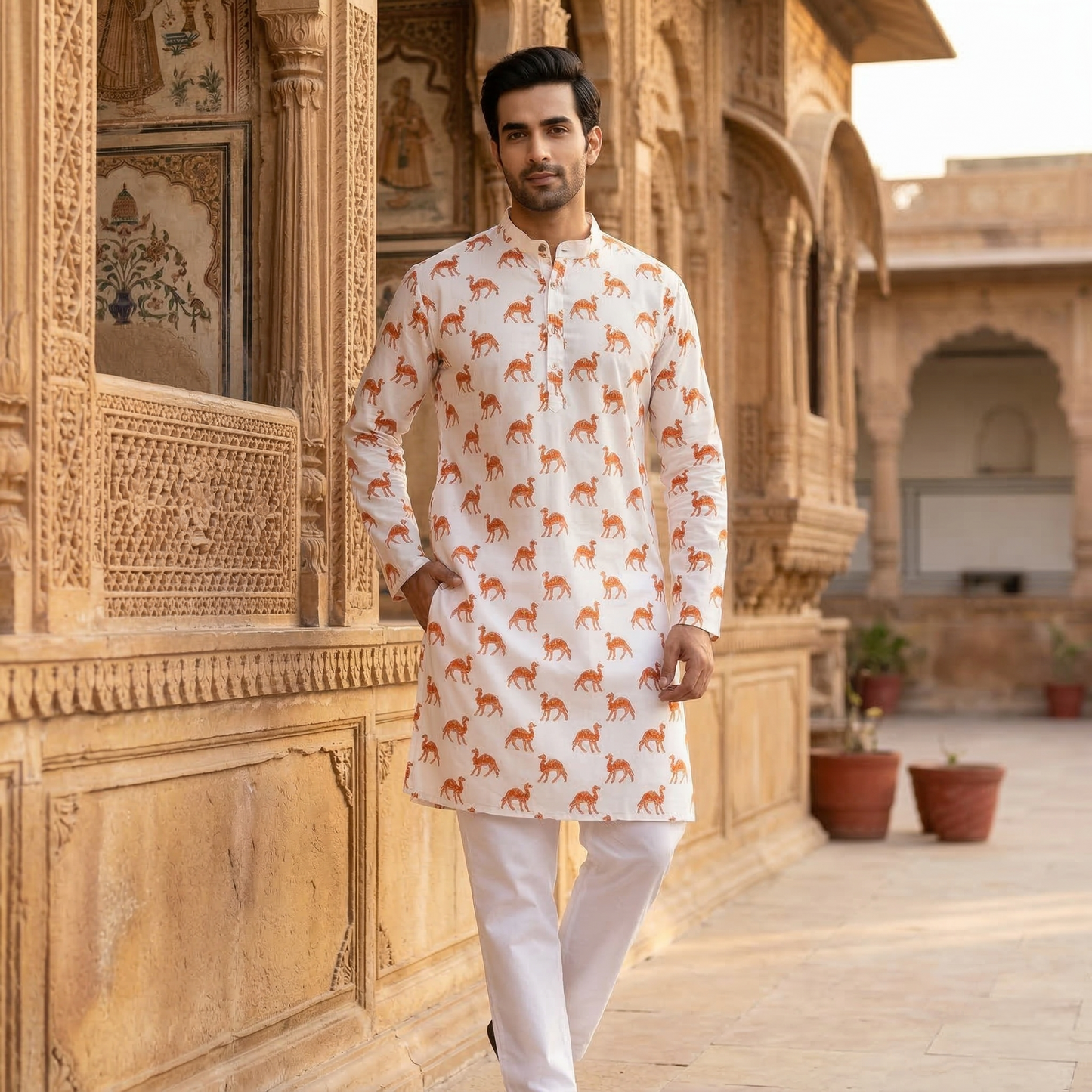Elegant Camel Print Heritage Cotton Kurta