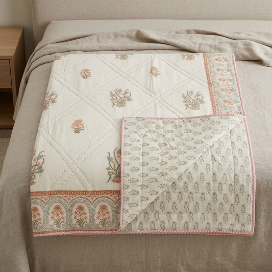 Hand Block Floral Cotton Coverlet Quilt
