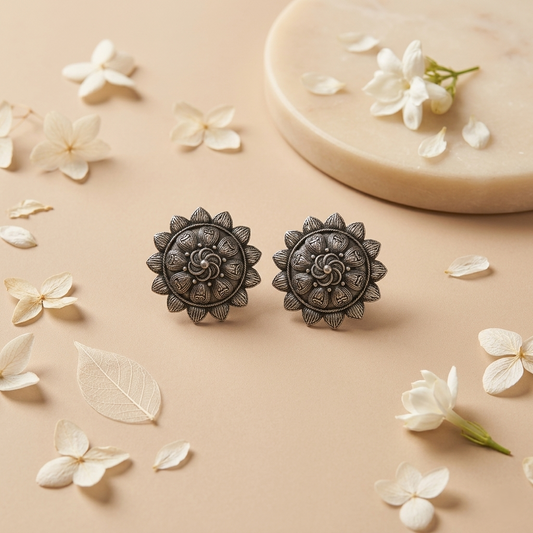 Intricate Floral Oxidized Silver Stud Earrings