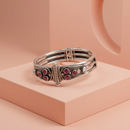 Oxidized Silver Ruby Studded Kada Bracelet