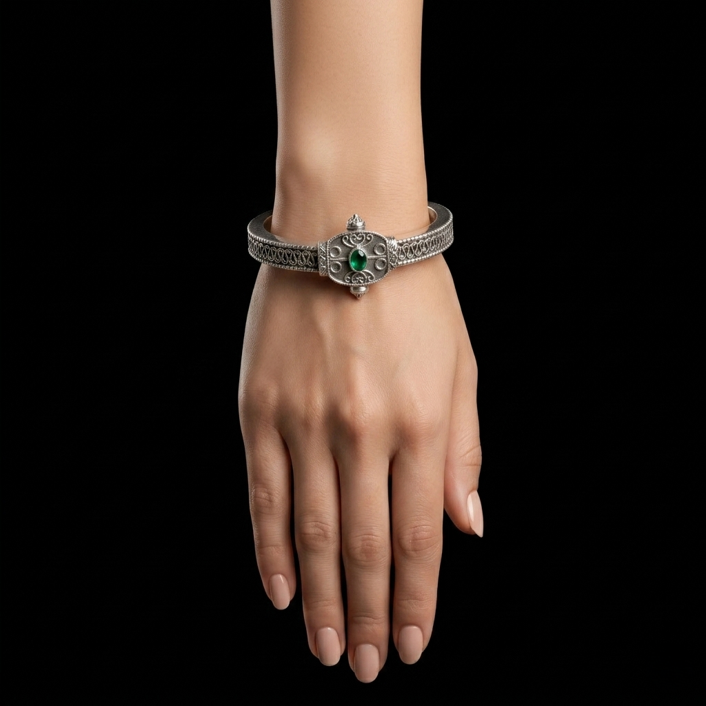 Intricate Silver Filigree Emerald Kada Bracelet