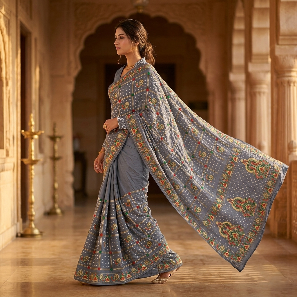 Slate Silk Saree with Gharchola Embroidery