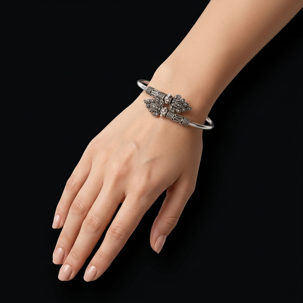Ornate Oxidized Silver Filigree Kada Bracelet