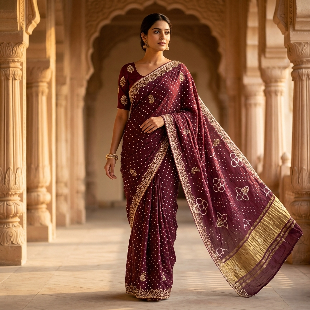 Royal Maroon Bandhani Silk Zari Saree
