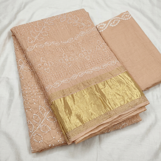 Peach Bandhani Silk Saree Gold Border